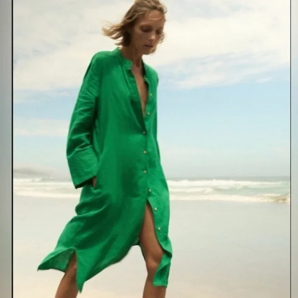 Zara Green Linen Longline Long Sleeve Tunic Button Down Dress Cover Up Small - Picture 5 of 13